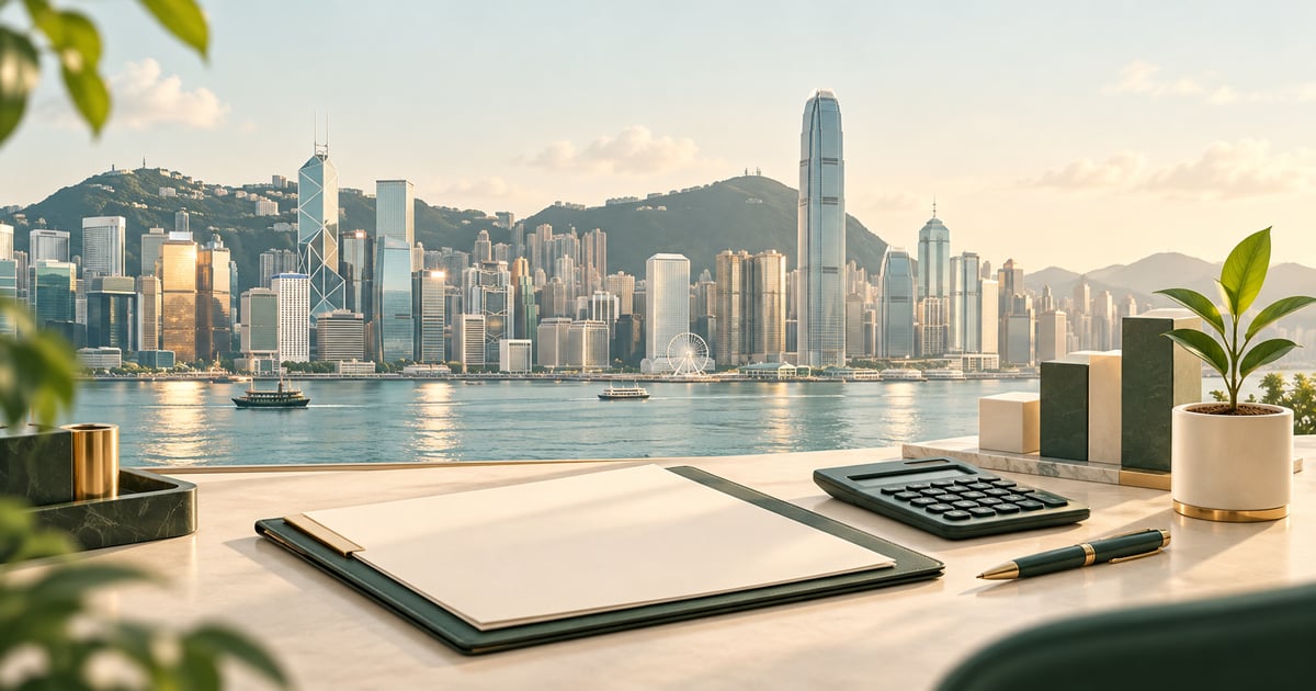 Office desk with a document folder, calculator and potted plant overlooking Hong Kong's Victoria Harbour skyline